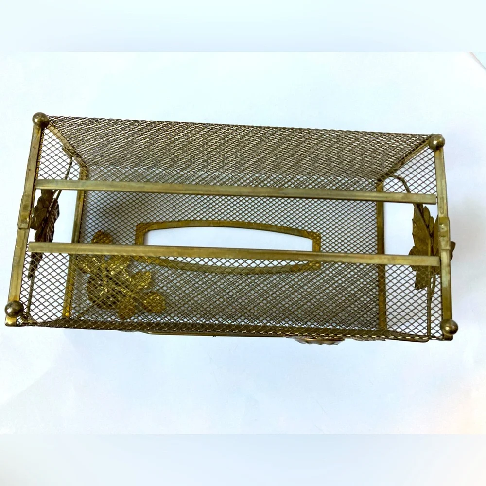 Midcentury Tissue Holder Cottagecore Gold Toned Mesh Ivy Flowers